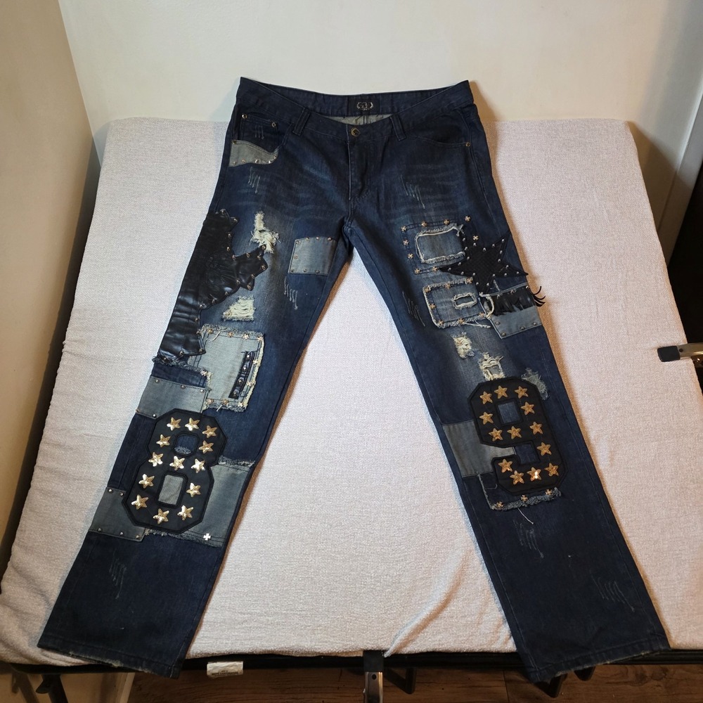Gold Jeans 807# Blue/Gold Wash Size 40 Men's Patchwork Distressed Denim‎ Studded
